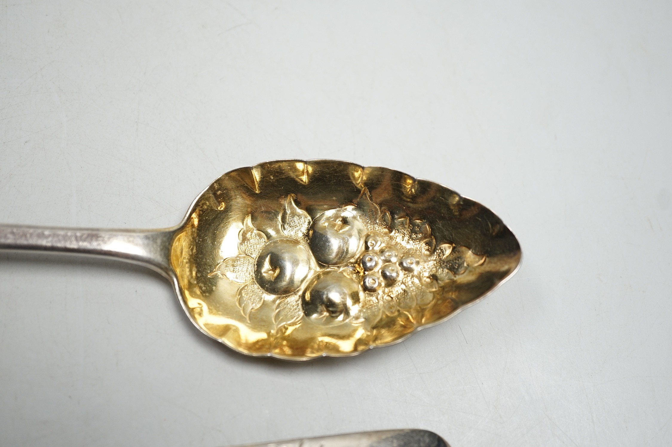 A pair of George IV silver Old English pattern 'berry' spoons, William Scofield, London, 1826, 22.5cm, 4.1oz.